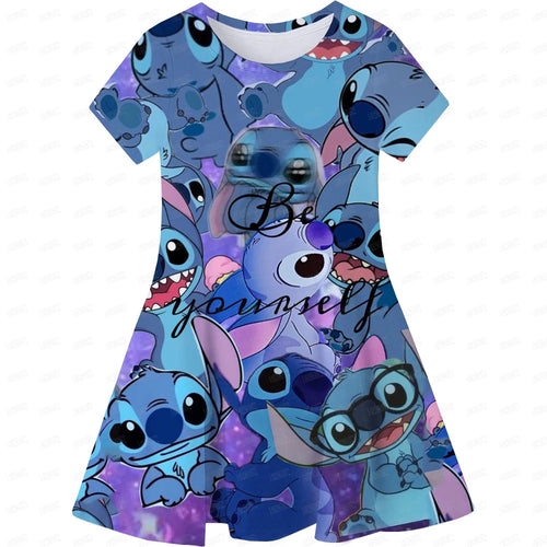 Cartoon Girls Dress Disney Stitch Pattern Children Clothes Princess