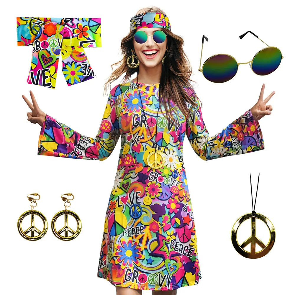 5pcs Set 60s 70s Women Hippie Costume Accessories Hippie Disco Dress ,