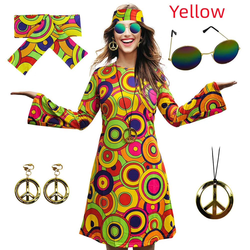 5pcs Set 60s 70s Women Hippie Costume Accessories Hippie Disco Dress ,