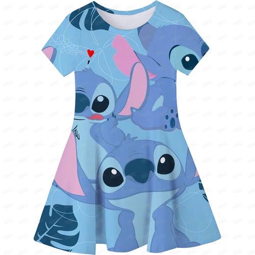 Cartoon Girls Dress Disney Stitch Pattern Children Clothes Princess