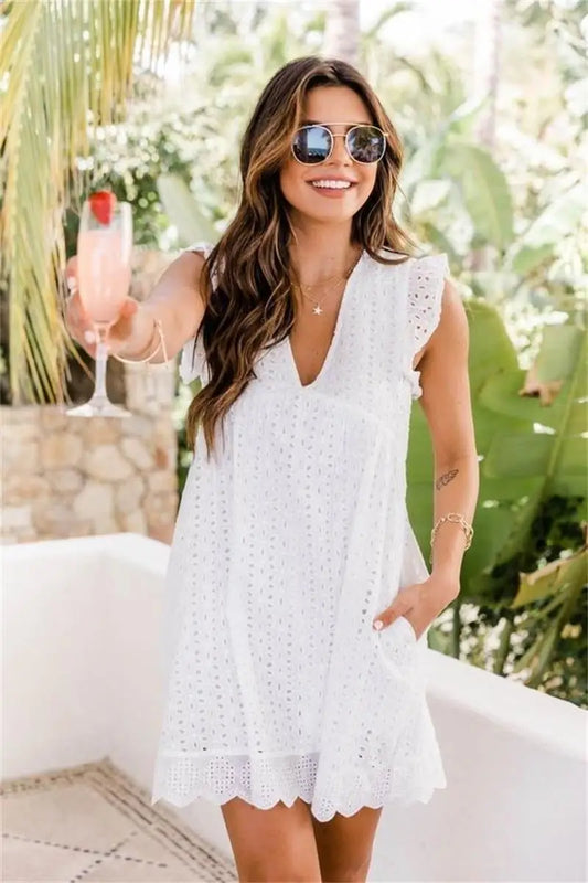 2023 California Romper V-neck Summer Short Sleeve Lace Dress Hollow