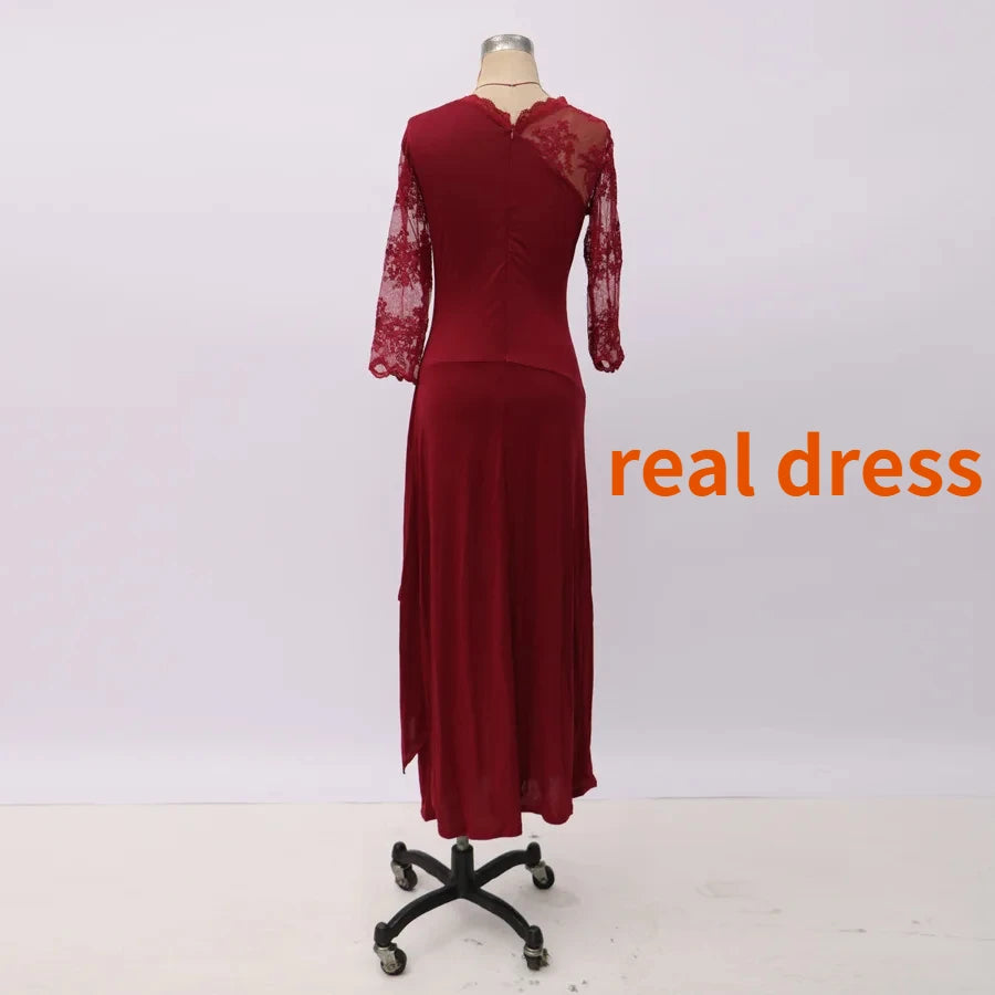 Vintage Bridesmaid Dress For Women Long Lace Sheer Round Neck Mid