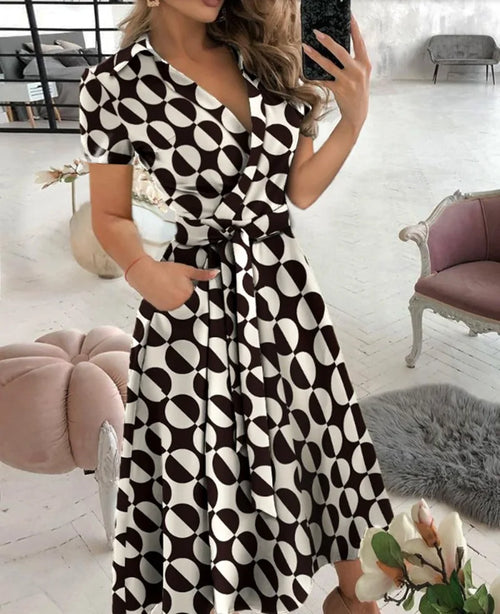 spring and summer fashion long-sleeved V-neck print bag buttock dress