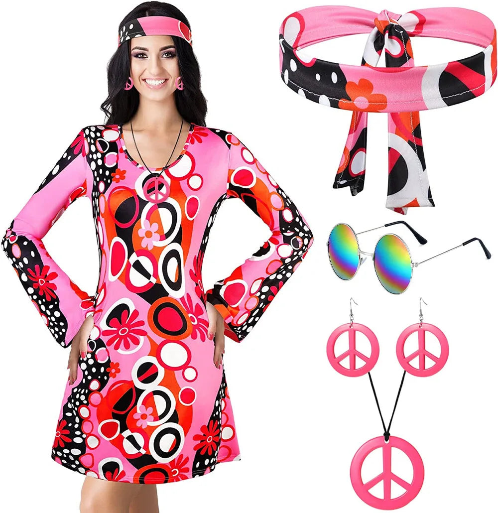 5pcs Set 60s 70s Women Hippie Costume Accessories Hippie Disco Dress ,