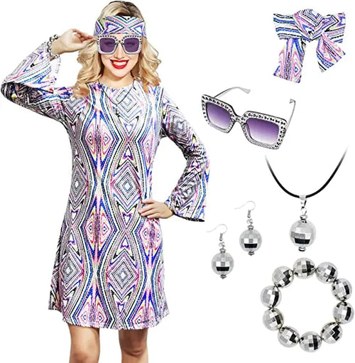 5pcs Set 60s 70s Women Hippie Costume Accessories Hippie Disco Dress ,