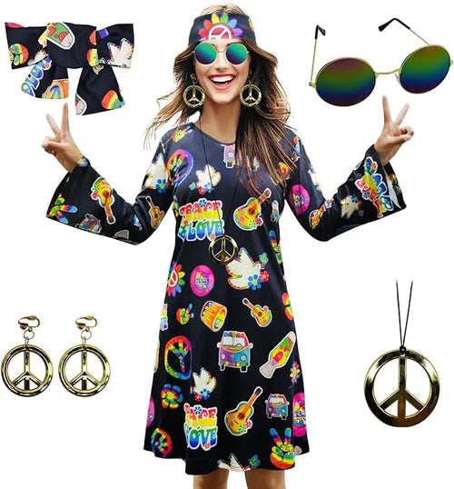 5pcs Set 60s 70s Women Hippie Costume Accessories Hippie Disco Dress ,