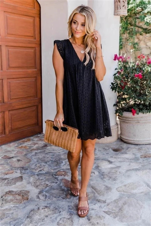 2023 California Romper V-neck Summer Short Sleeve Lace Dress Hollow