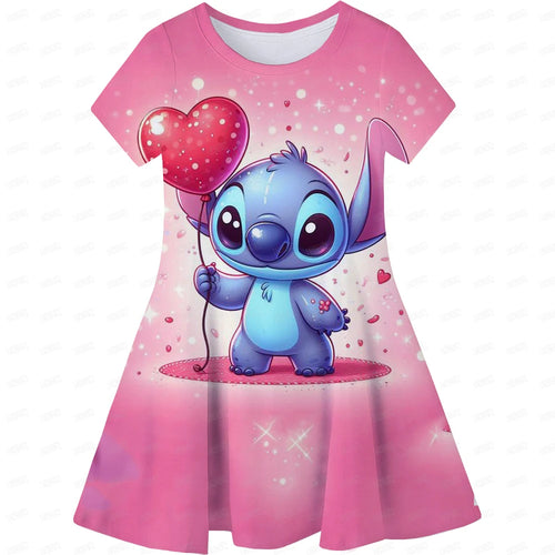 Cartoon Girls Dress Disney Stitch Pattern Children Clothes Princess