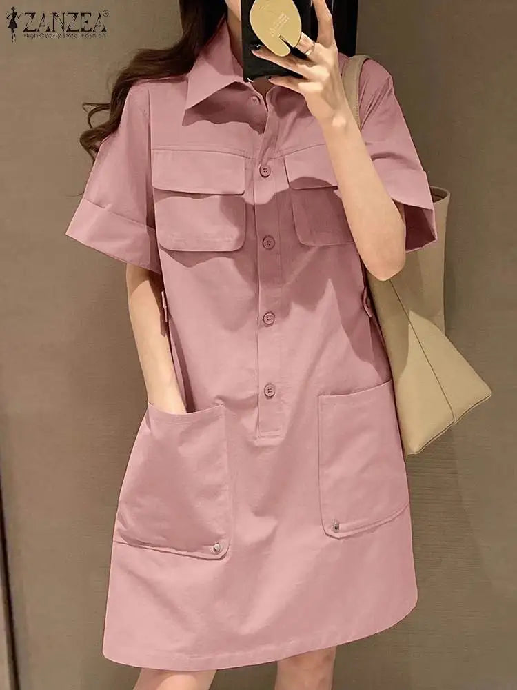 ZANZEA Elegant Cargo Dress Fashion Half Sleeve Shirtdress Woman Lapel