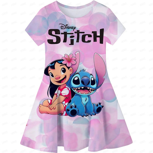 Cartoon Girls Dress Disney Stitch Pattern Children Clothes Princess