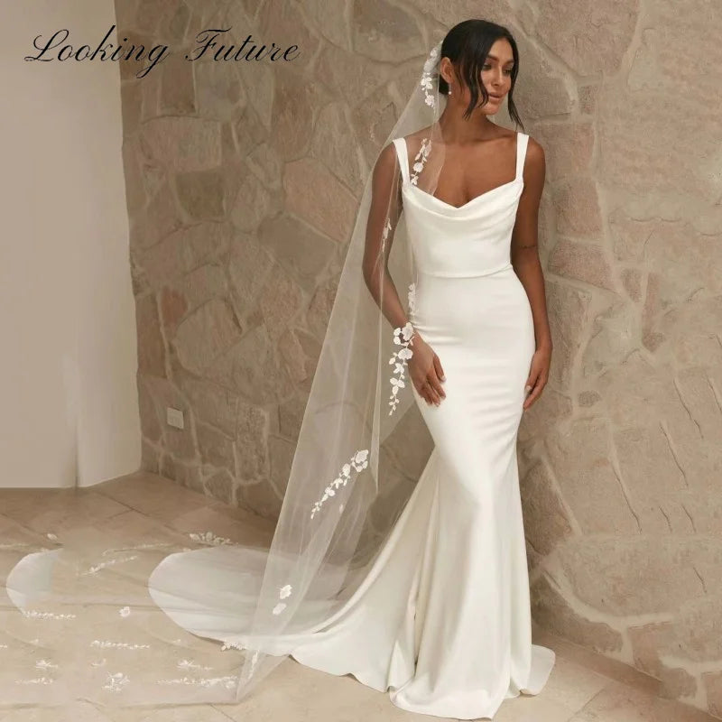 Elegant Satin Mermaid White Wedding Dress For Woman Square Collar