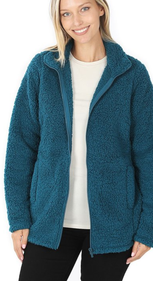 Soft sherpa zip up jacket with side pockets