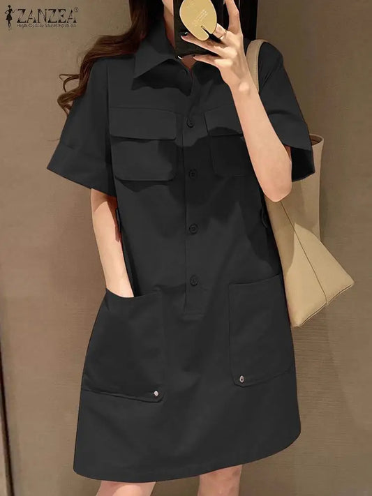 ZANZEA Elegant Cargo Dress Fashion Half Sleeve Shirtdress Woman Lapel