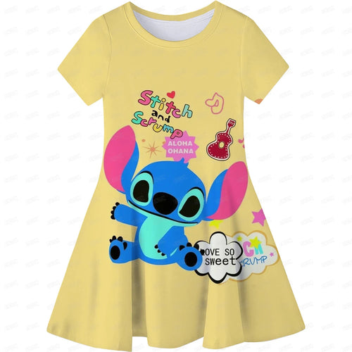 Cartoon Girls Dress Disney Stitch Pattern Children Clothes Princess