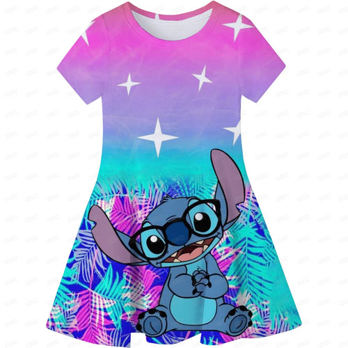 Cartoon Girls Dress Disney Stitch Pattern Children Clothes Princess