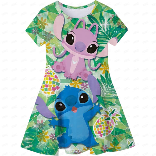 Cartoon Girls Dress Disney Stitch Pattern Children Clothes Princess