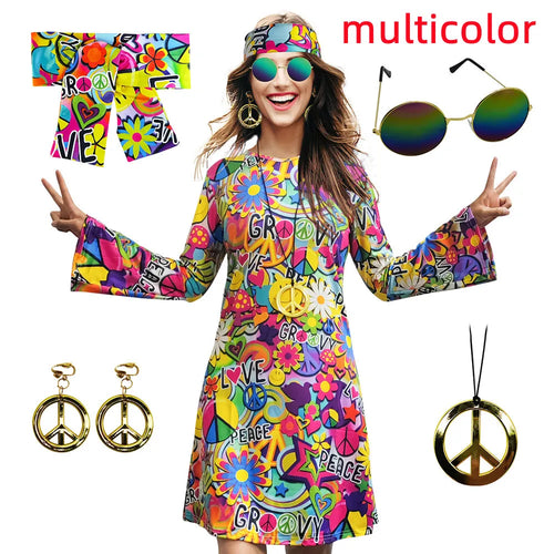 5pcs Set 60s 70s Women Hippie Costume Accessories Hippie Disco Dress ,