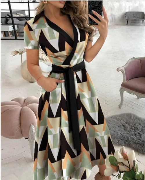 spring and summer fashion long-sleeved V-neck print bag buttock dress