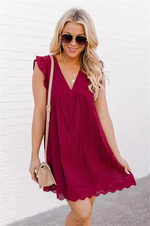 2023 California Romper V-neck Summer Short Sleeve Lace Dress Hollow