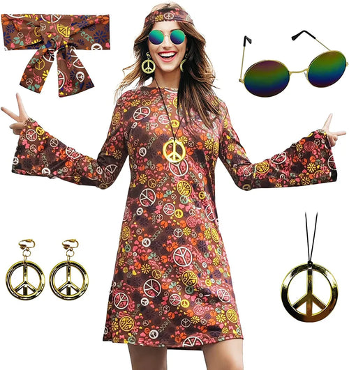 5pcs Set 60s 70s Women Hippie Costume Accessories Hippie Disco Dress ,