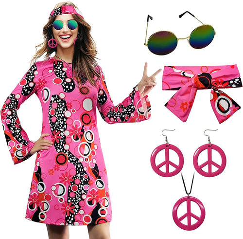 5pcs Set 60s 70s Women Hippie Costume Accessories Hippie Disco Dress ,