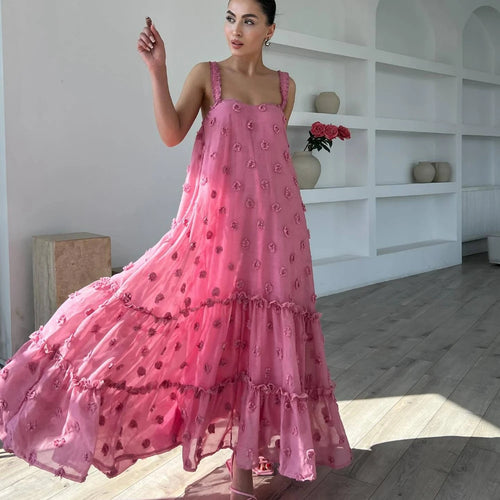 Pink Flower Maxi Dress Women Elegant Casual Loose Long Holiday Dresses