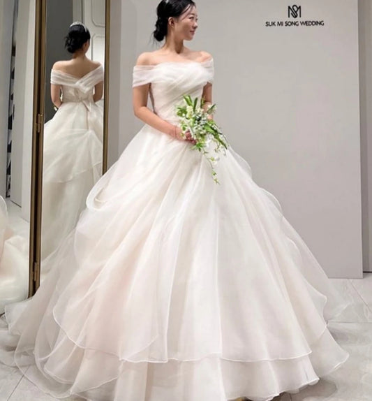 SONDR Off Shoulder Organza Custom Made Tiered  Elegant Wedding Dresses