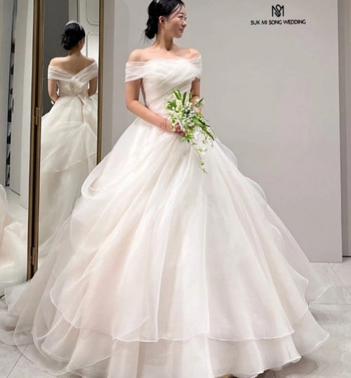 SONDR Off Shoulder Organza Custom Made Tiered  Elegant Wedding Dresses