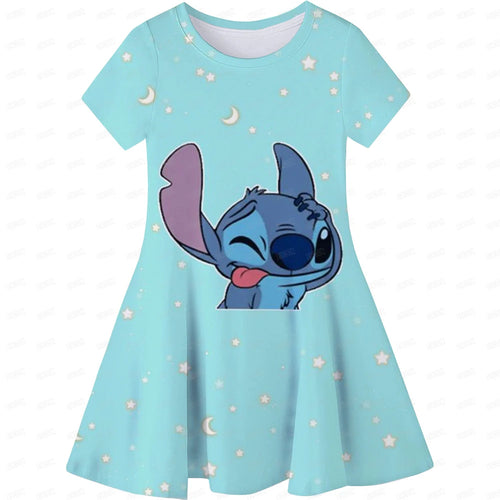 Cartoon Girls Dress Disney Stitch Pattern Children Clothes Princess