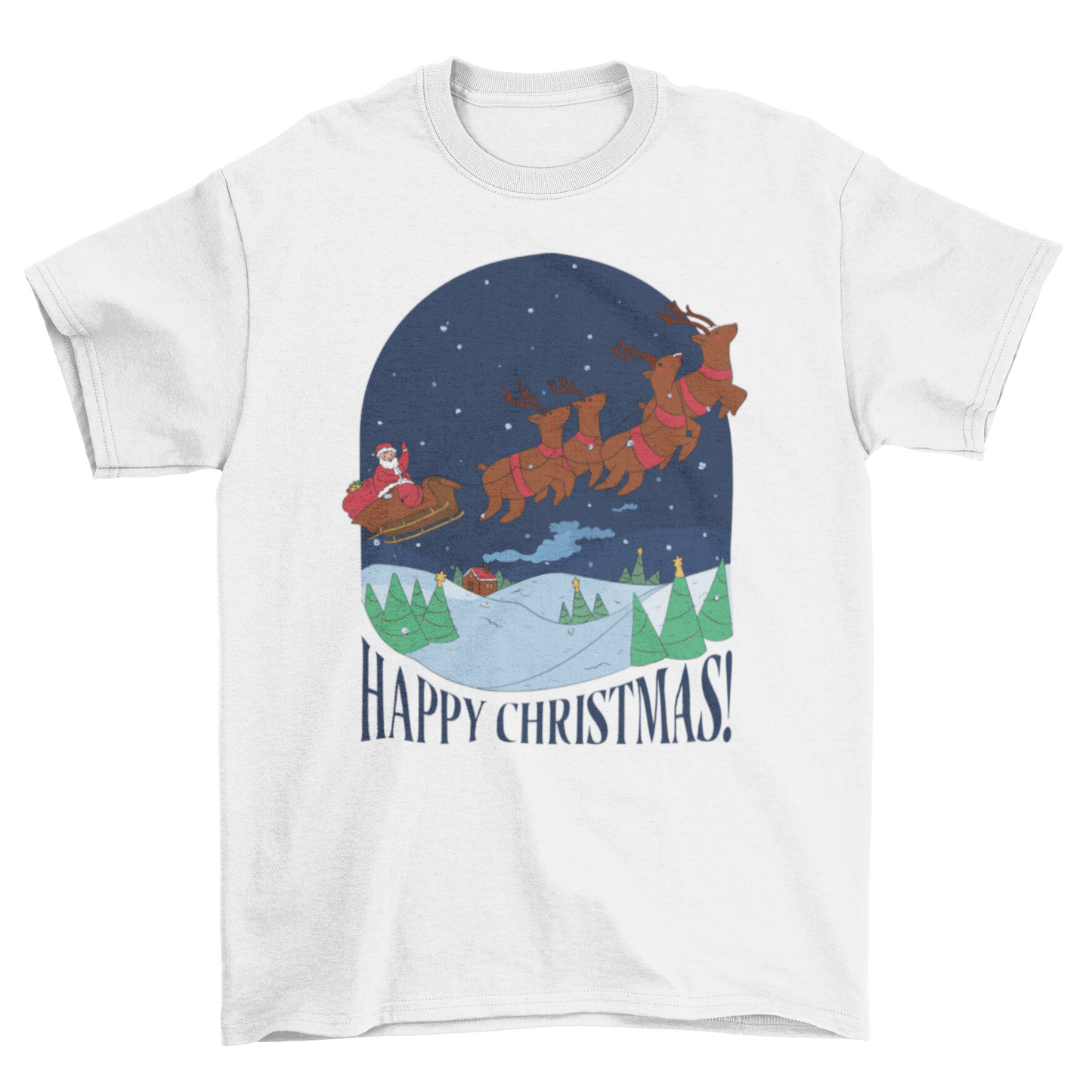 Cool Happy Santa Claus Riding Rain Deer Sled quote 'Happy Christmas!'