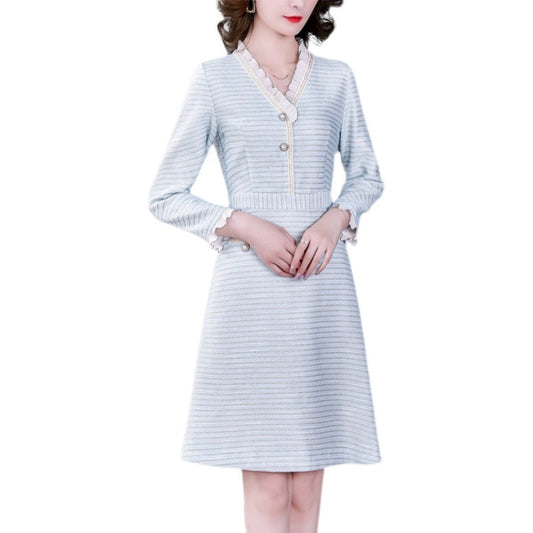 Women V-neck Mid-length Dress (Color:Light Blue Size:XXL)