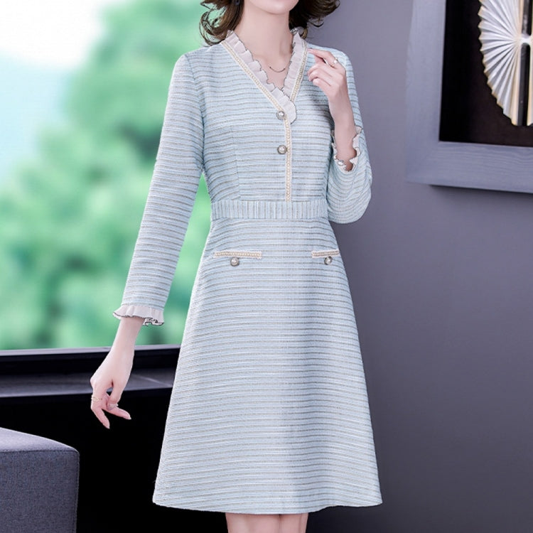 Women V-neck Mid-length Dress (Color:Light Blue Size:XXL)