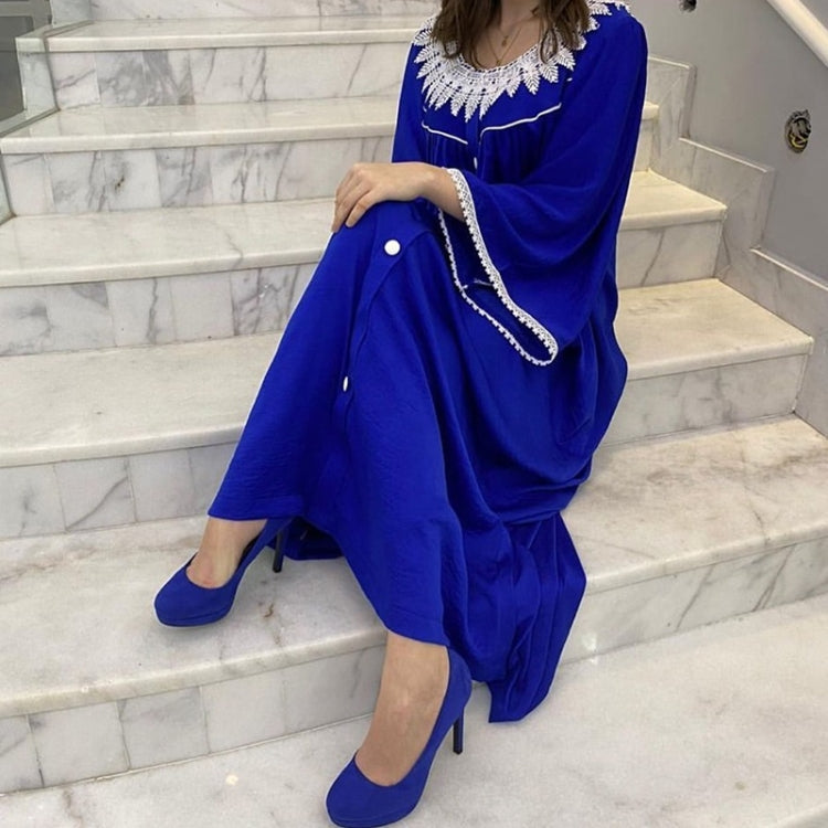 Women Solid Color Lace Collar Flower Dress (Color:Blue Size:M)