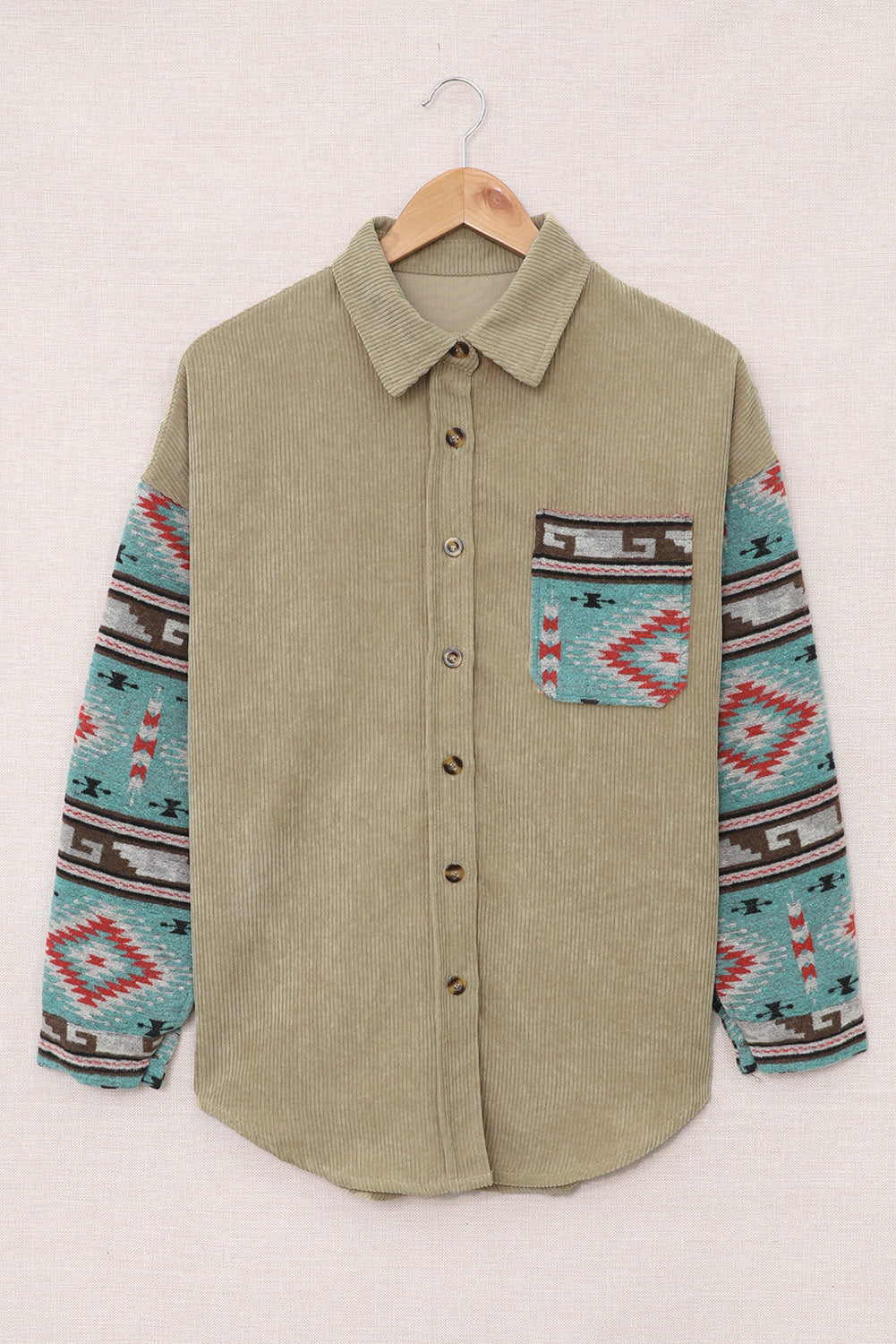 Aztec Pattern Sleeve Khaki Corduroy Shacket