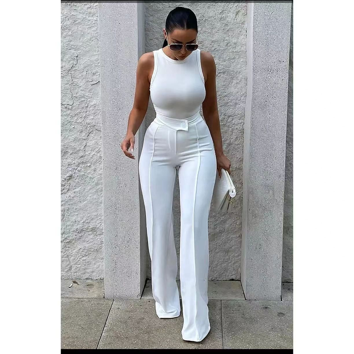 New Women's Clothing Hot Girl Temperament Slimming White High-waist Straight-leg Pants