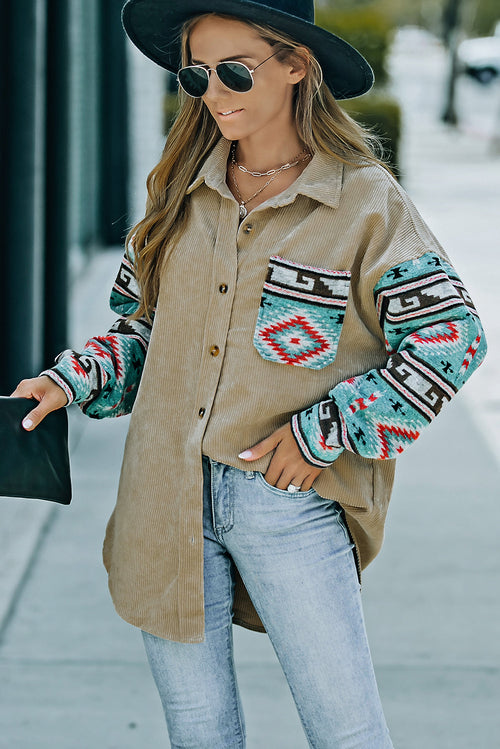 Aztec Pattern Sleeve Khaki Corduroy Shacket