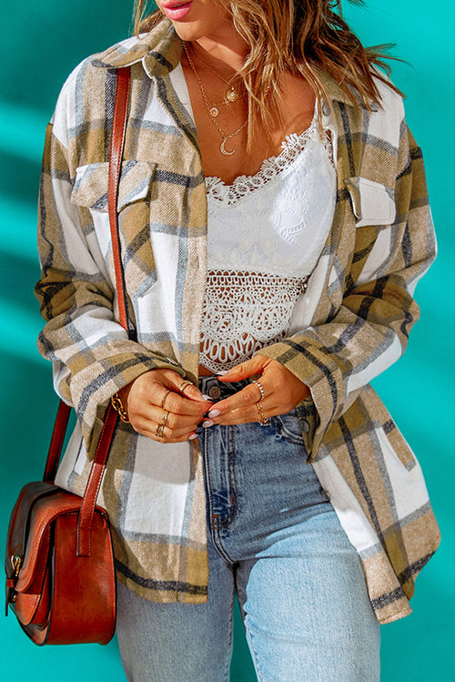 Khaki Button-up Pocket Plaid Shacket