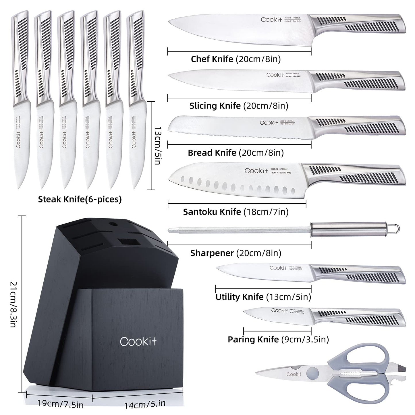 15 Piece Knife Sets with Block, Chef Knives with Non-Slip German Stainless Steel