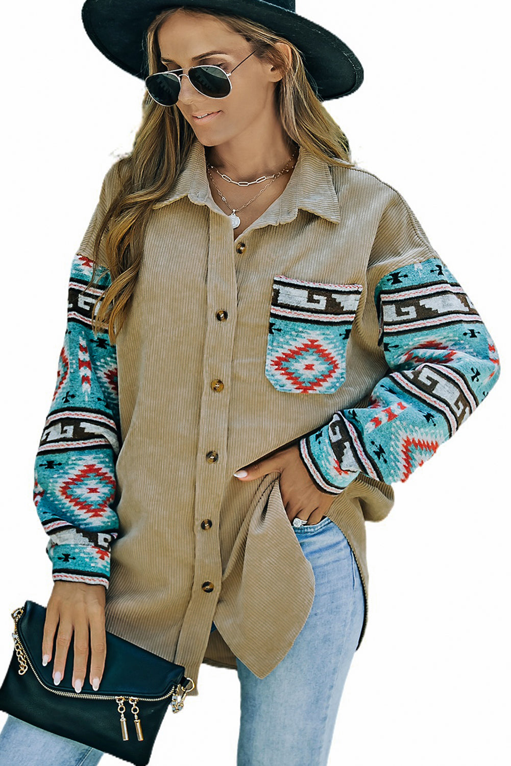 Aztec Pattern Sleeve Khaki Corduroy Shacket