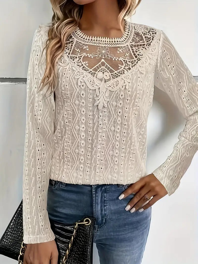 Elegant Fashion Solid Color Lace Stitching Hollow-out Long Sleeve T-shirt