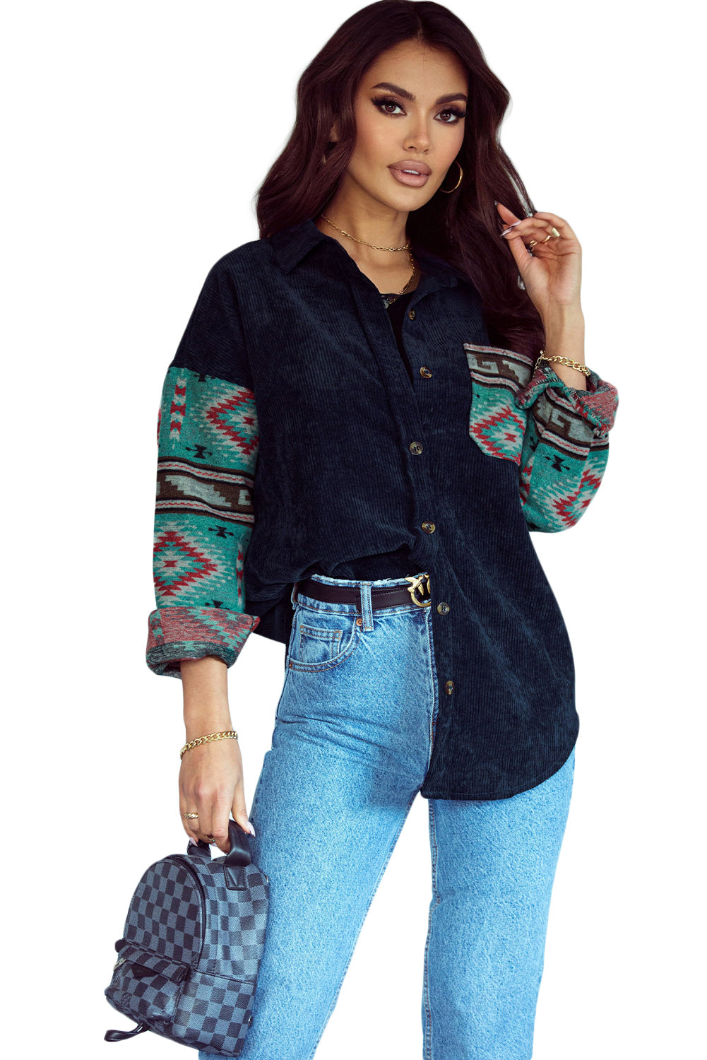 Aztec Pattern Sleeve Pocketed Corduroy Shacket