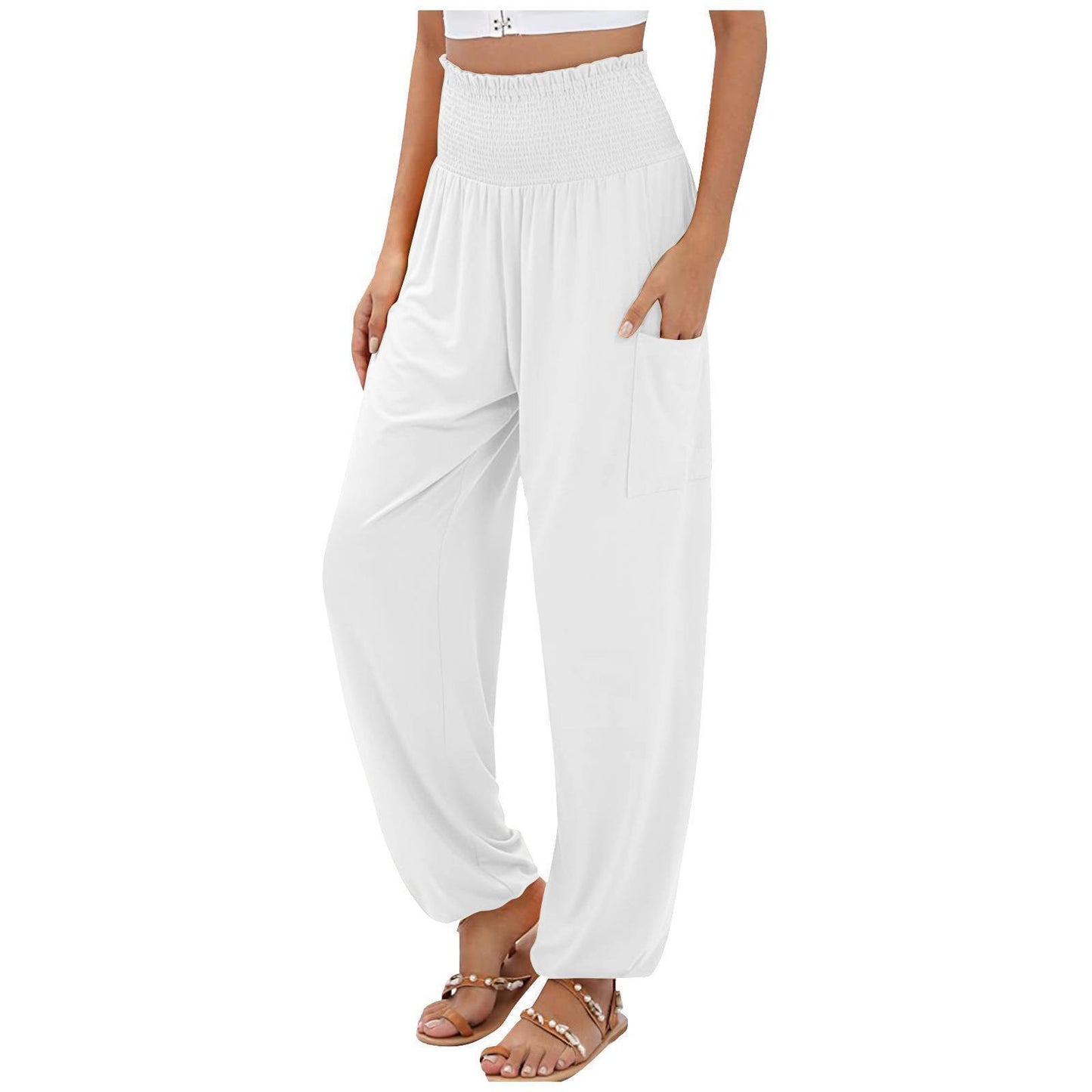 Elastic-waist High Waist Wide-leg Casual Trousers