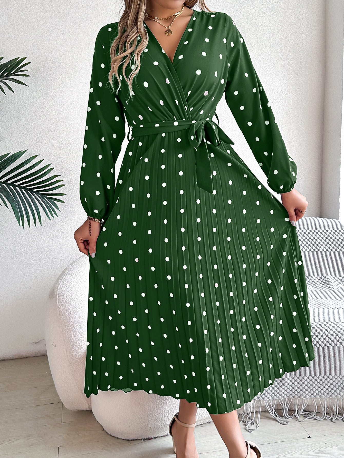 Elegant Contrast Color Polka Dot Cross V-neck Pleated Maxi Dress For Women