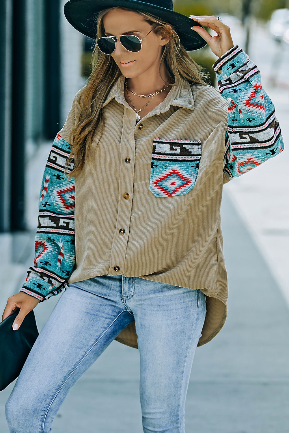 Aztec Pattern Sleeve Khaki Corduroy Shacket