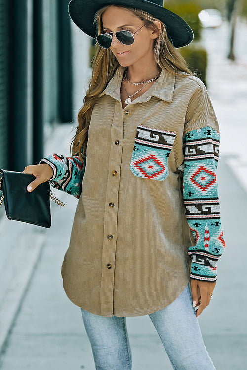 Aztec Pattern Sleeve Khaki Corduroy Shacket