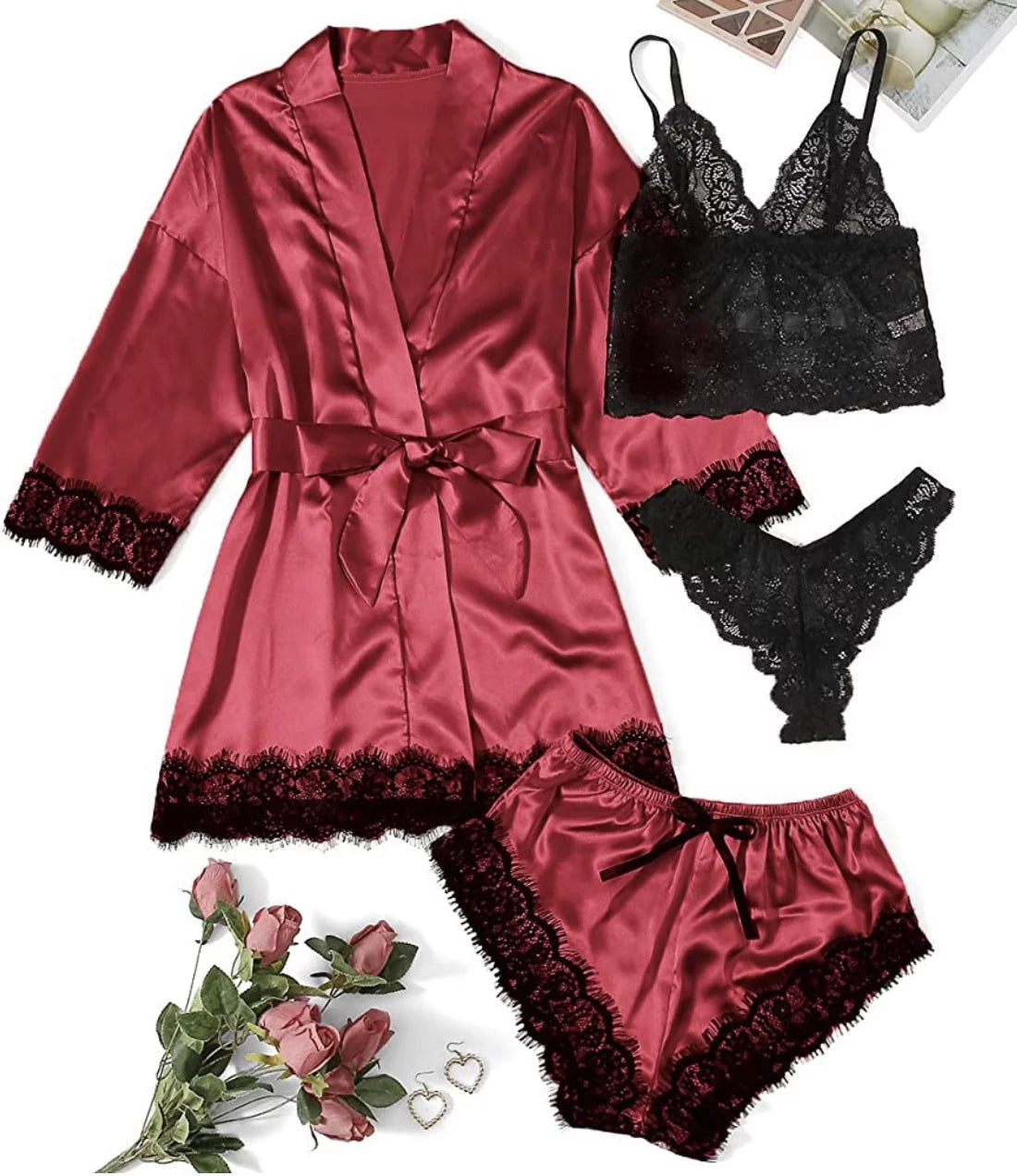 Sexy Lingerie,  Silk Satin Pajamas for Women, Womens Summer Pajamas Pjs Sets of 4 Pcs with Floral Lace Top Shorts and Robe, Gift for Women, Burgundy, XXL