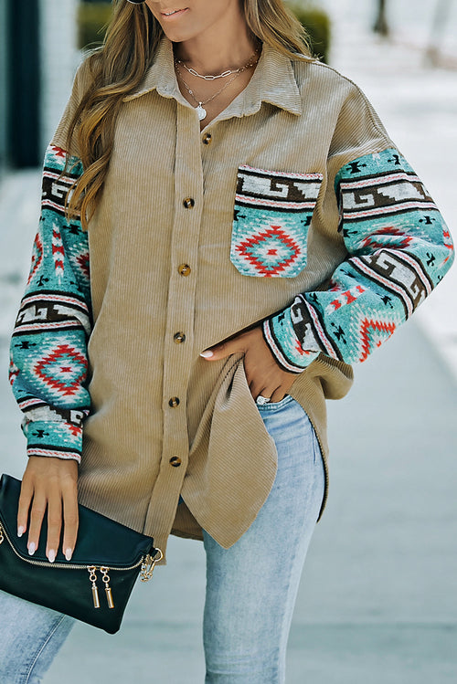 Aztec Pattern Sleeve Khaki Corduroy Shacket