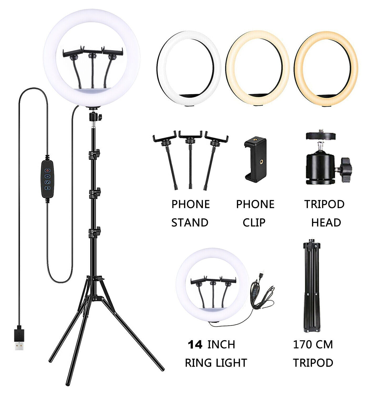 14'' LED Selfie Ring Light with 1.7M Tripod Stand Cell Phone Holder Makeup Live