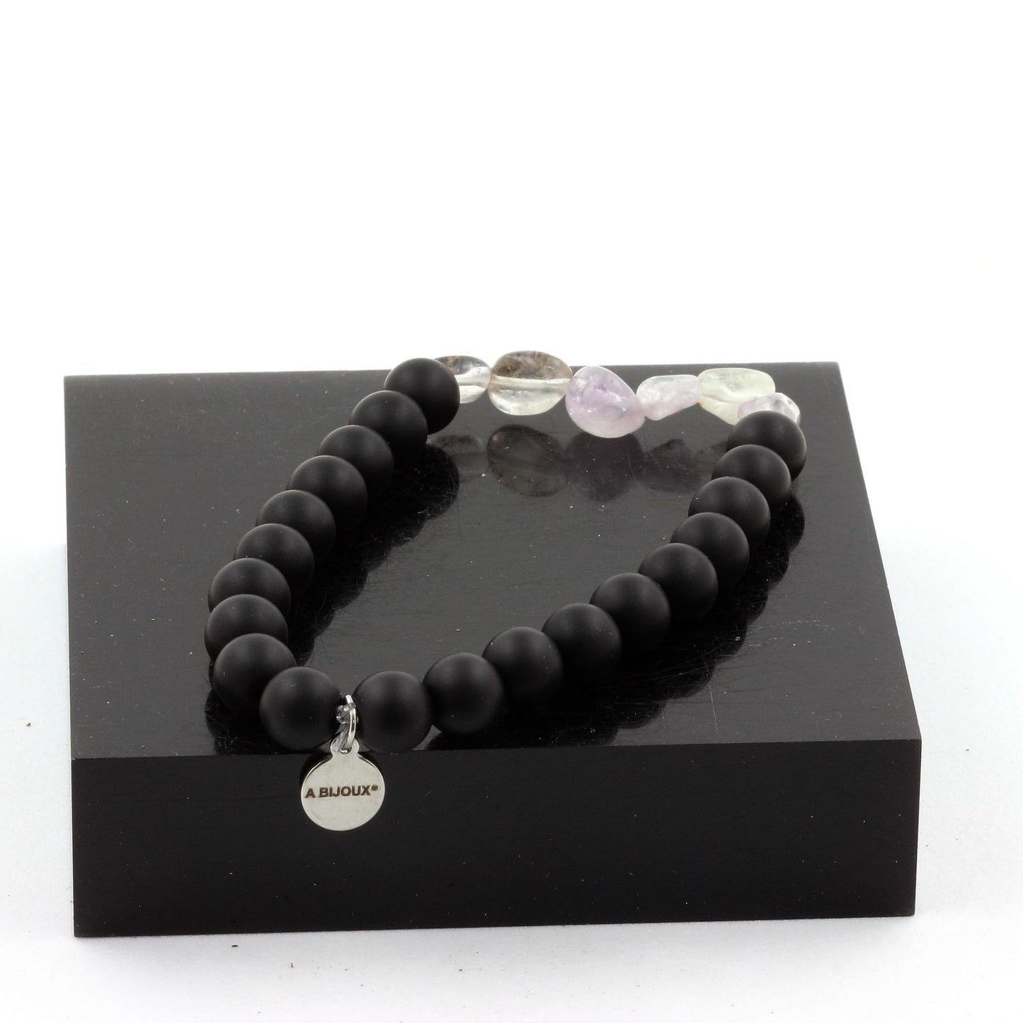 Rutile Amethyst Quartz + Matte Black Onyx Bracelet 8 mm Beads.