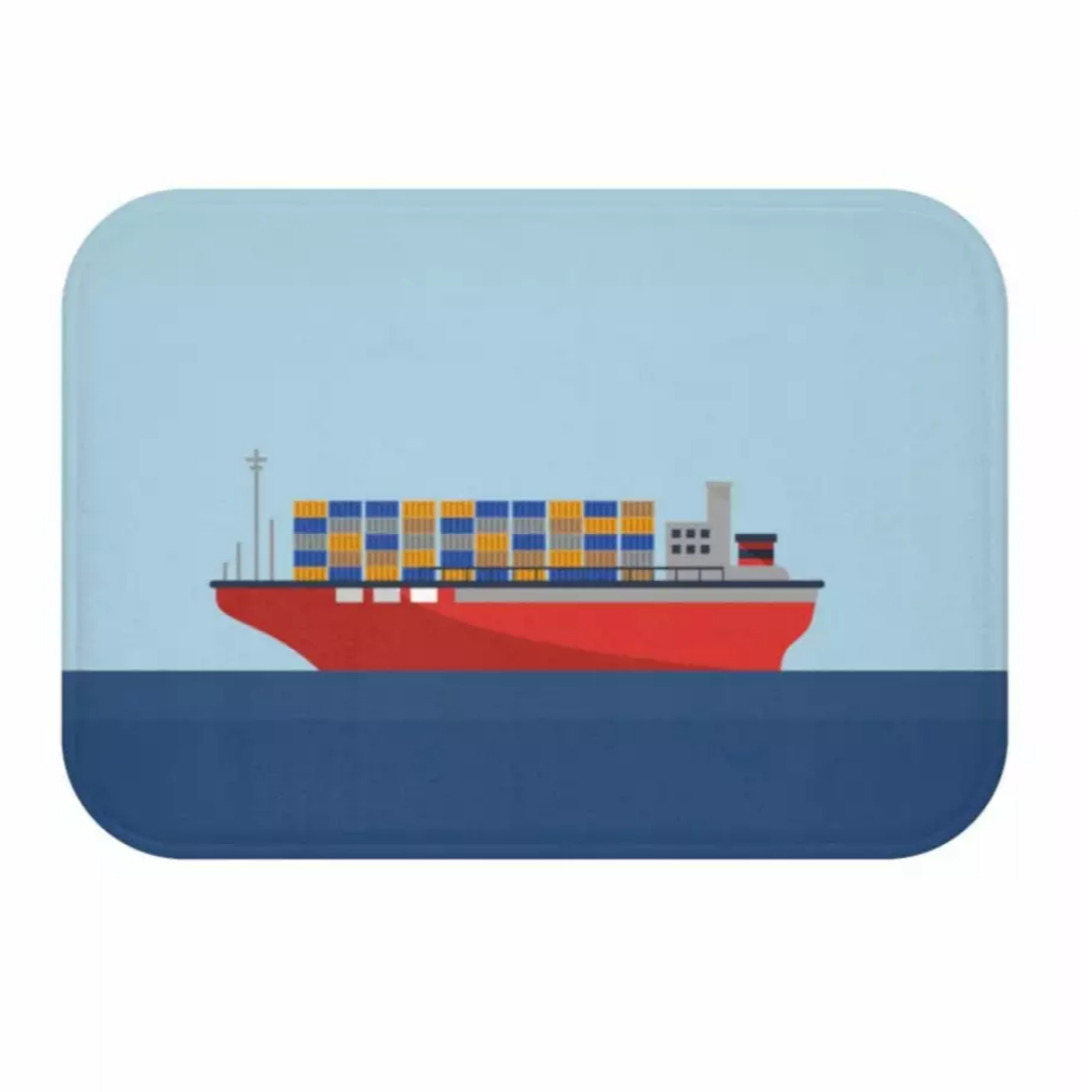 Cargo Ship with Containers in the Ocean Bath Mat